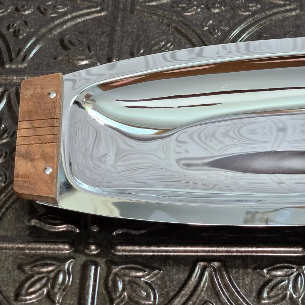 Vintage MCM Kromex® Oblong Tray - Stainless‎ Steel & Walnut 16.25 X 6.5